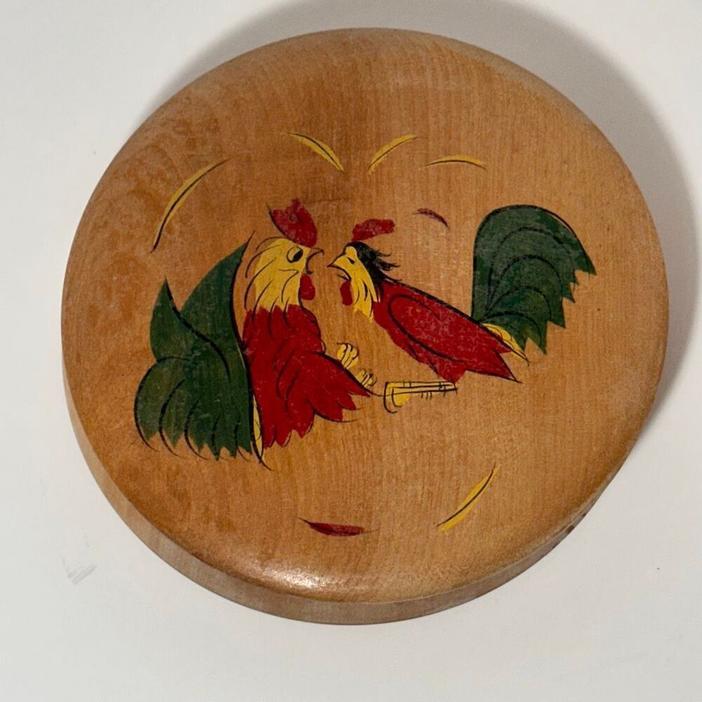 Vintage Wooden Hamburger Patty Press With Roosters on The Front 1960s